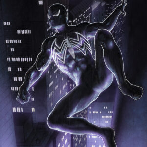 Spiderman costume nero classico attaccato ad edificio