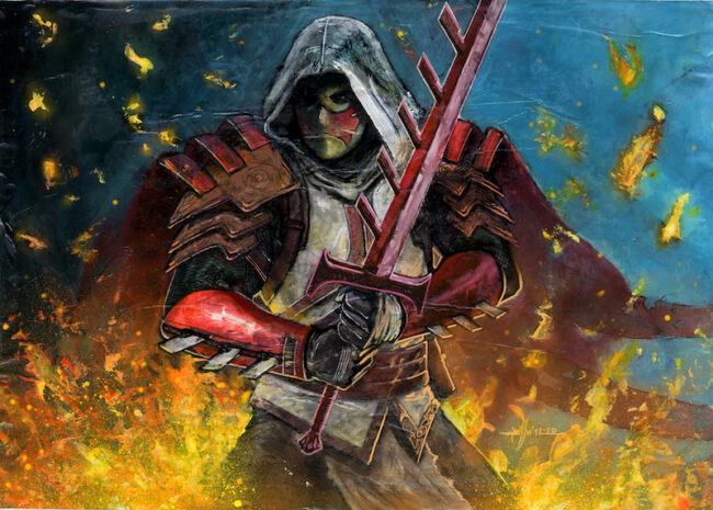 Dipinto Azrael in mezzo alle fiamme a colori