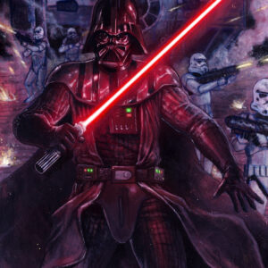 Darth Vader guida i cloni in un attacco, dipinto a colori