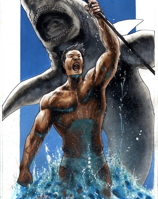 Namor con squalo sullo sfondo dipinto a colori
