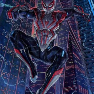 Spiderman 2099 volteggio su citta futuro