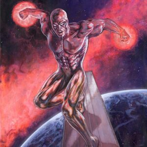 Silver Surfer in viaggio nello spazio con sfondo terra