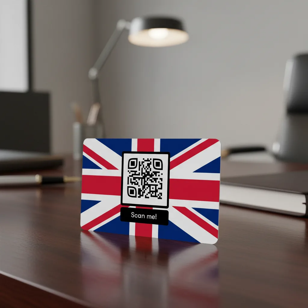 Card con QR code e bandiera britannica appoggiata su una scrivania
